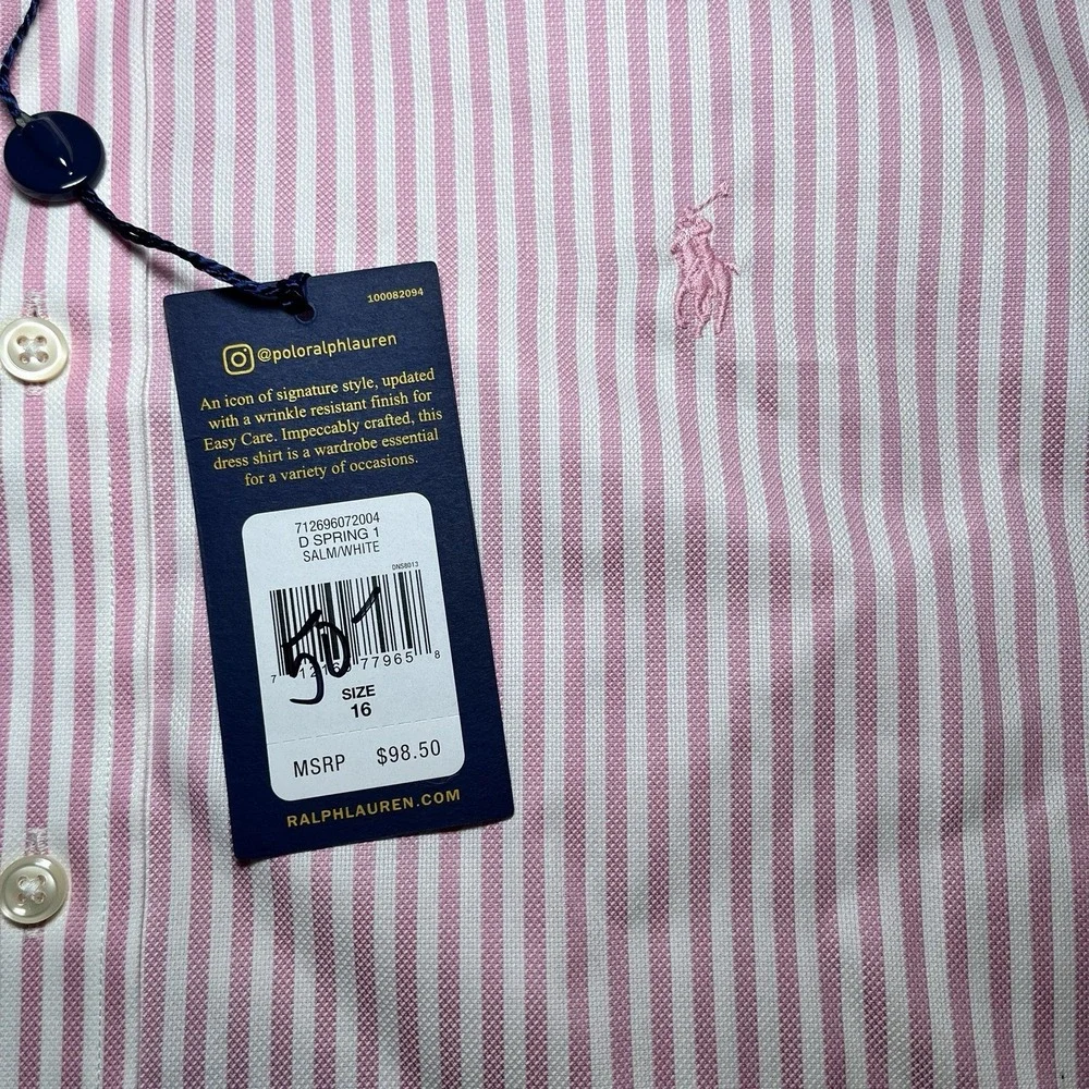 New Ralph Lauren Easy Care Pink Striped Cotton Shirt Mens‎ L 16 40/41